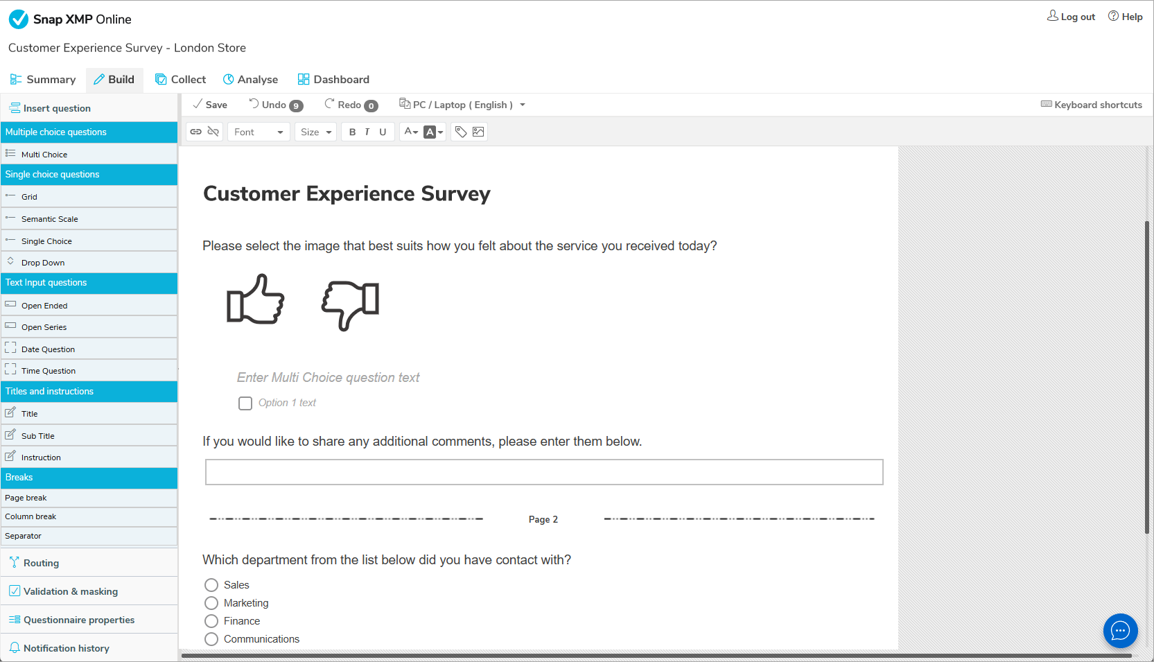 Snap Surveys Snap XMP Online screenshot - survey builder